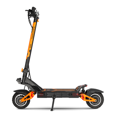 An electric scooter with black and orange color scheme, featuring a dual motor setup and pneumatic wheels.