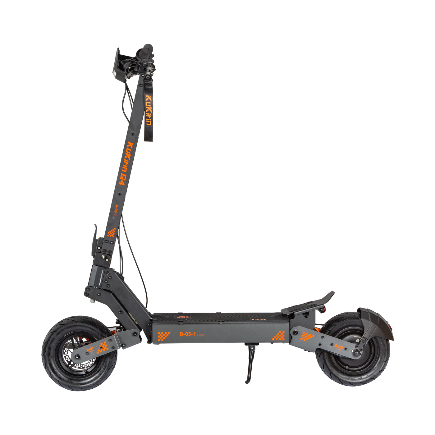 A black KUKIRIN G4 electric scooter with orange accents, featuring a large front tire and a smaller rear tire, designed for adult riders.