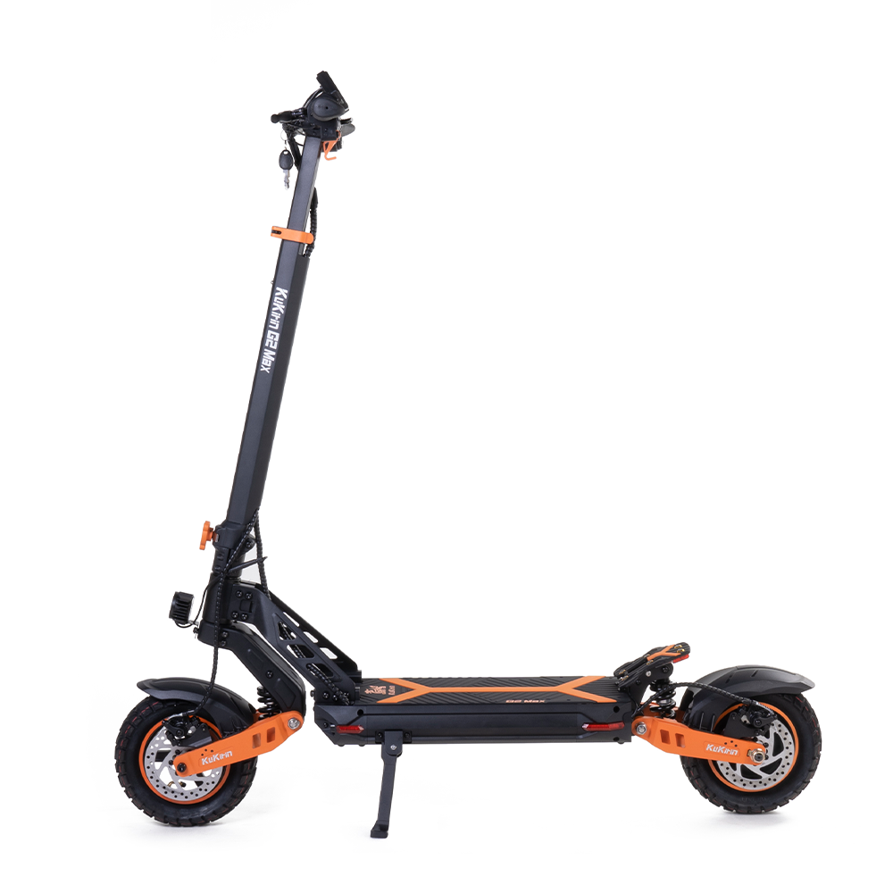 An electric scooter with black and orange color scheme, featuring a high capacity battery and a powerful motor for long range and high speed capability.