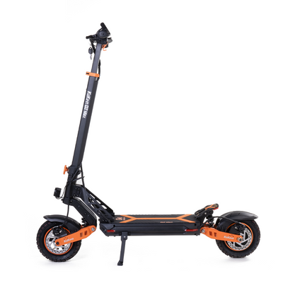 An electric scooter with black and orange color scheme, featuring a high capacity battery and a powerful motor for long range and high speed capability.